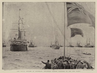 スピットヘッドでの海軍レビュー、汽船を見るために訪問者を連れて行く汽船 作： Joseph Nash
